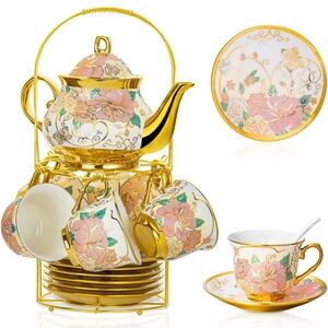 20 Pieces European Ceramic Tea Set Metal Holder Flower Painting Large Cream Pot
